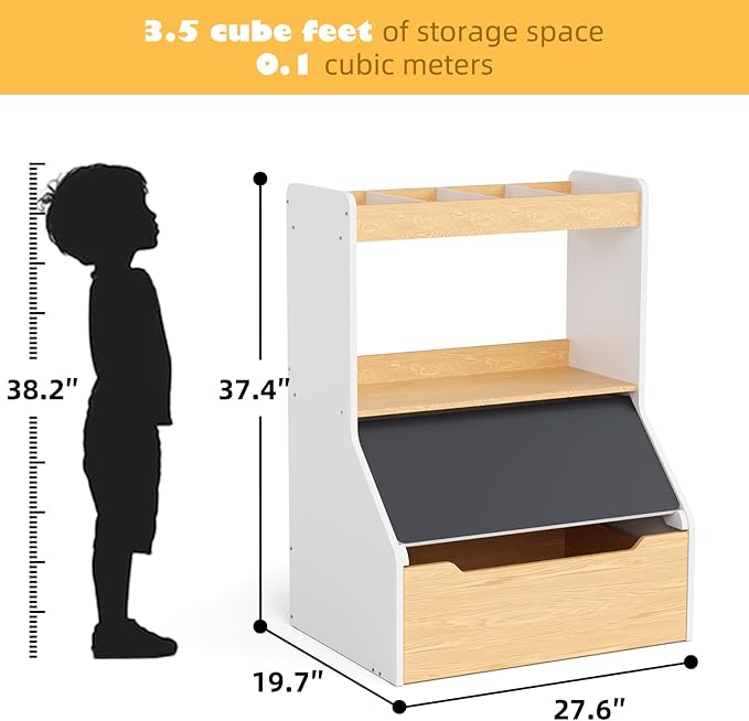 KORIMEFA 37.4" Tall Toy Box & Chalkboard Lid Wood Toddler Bookcase and Kid Toy Storage Bin & Organizer, White