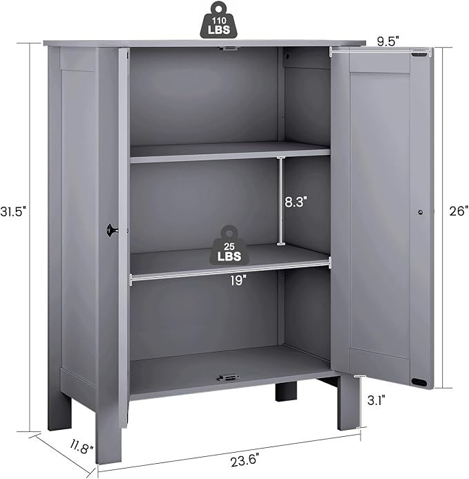 Bathroom Cabinet, Modern Bathroom Floor Storage Cabinet, Freestanding Organizer with Adjustable Shelves & Double Doors, 3-Tier Home Living Room Furniture