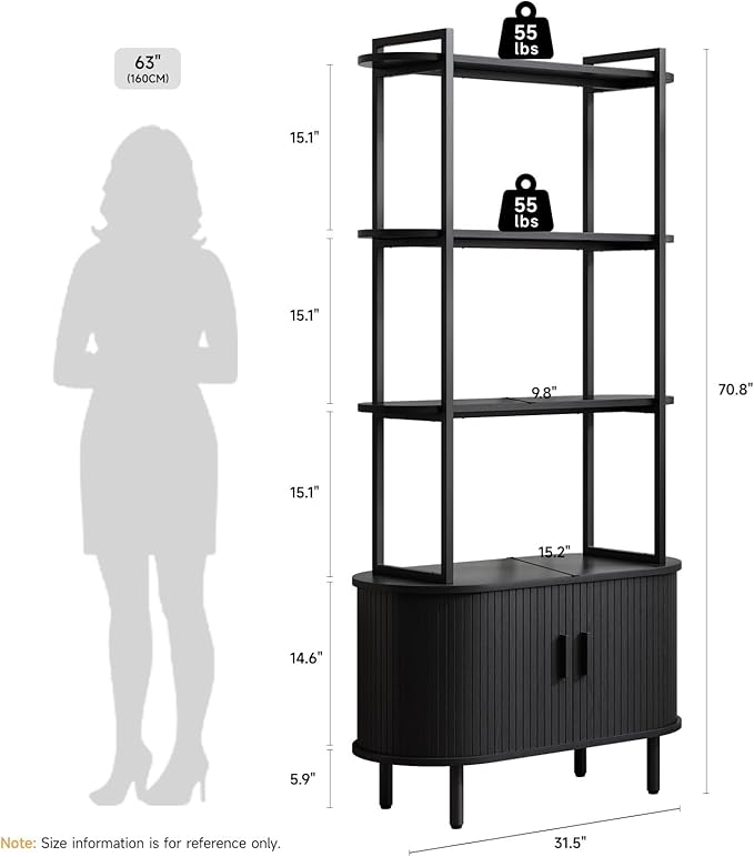 71" Tall Bookshelf, 4-Tier Book Shelf with Storage Cabinet, Modern Bookcase with Sliding Door and Adjustable Footpad, Freestanding Storage Organizer Bookshelf for Living Room, Bedroom, Black