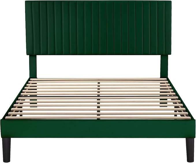 Allewie Queen Bed Frame, Velvet Upholstered Platform Bed with Adjustable Vertical Channel Tufted Headboard, Mattress Foundation with Strong Wooden Slats, Box Spring Optional, Easy Assembly, Green
