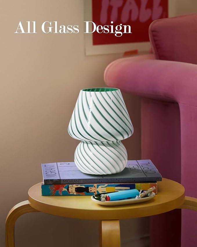 ONEWISH Mushroom Lamps Set of 2 - Small Table Lamp with Striped Glass, Nightstand Lamp for Bedroom, Living Room, Cafe, Office, Bulb Included, for Birthday Christmas Thanksgiving Day, Sage Green