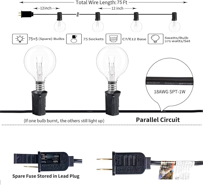 Outdoor String Lights 75Ft G40 UL Listed 80 Edison Bulbs (5 Spare) Globe String Lights Outside Lights Waterproof for Patio Balcony Porch Bistro Cafe Indoor Hanging Lights Christmas Party Decor