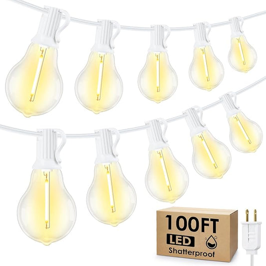 100FT Outdoor String Lights, LED Patio Lights with 42 Waterproof Shatterproof Dimmable A39 Hanging Bulbs(2 Spare) for Garden Wedding-White