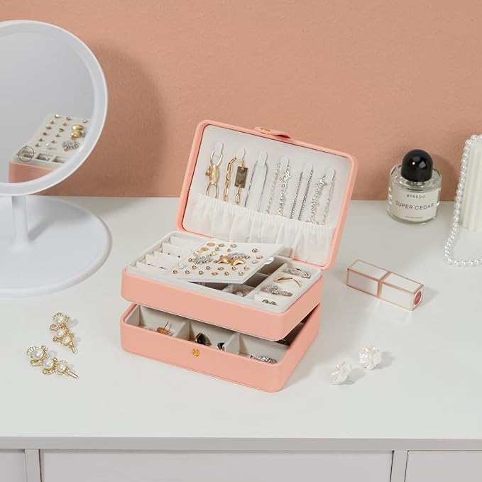 Jewelry Boxes For Girls And Women, Pu Leather Made Portable Jewelry Organizer Travel Case,3 Layers Girl Jewelry Box For Rings, Earings, Necklaces, Bracelets, Watches And Lipsticks (pink)
