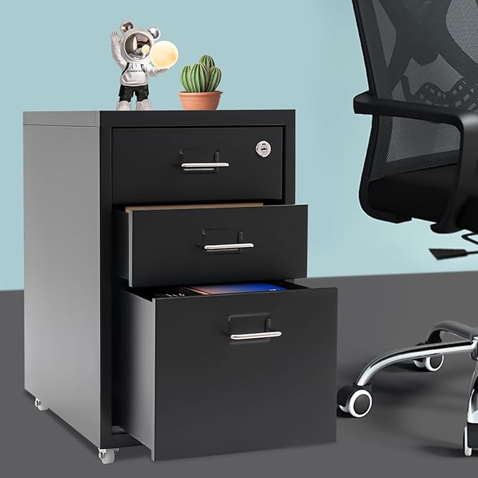 3 Drawer Rolling File Cabinet with Lock, 11 x 16 x 18.3in Filing Cabinet with Wheels, Wood Under Desk Office Storage Cabinet fits A4, Letter Sized Documents for Home Office (Black)