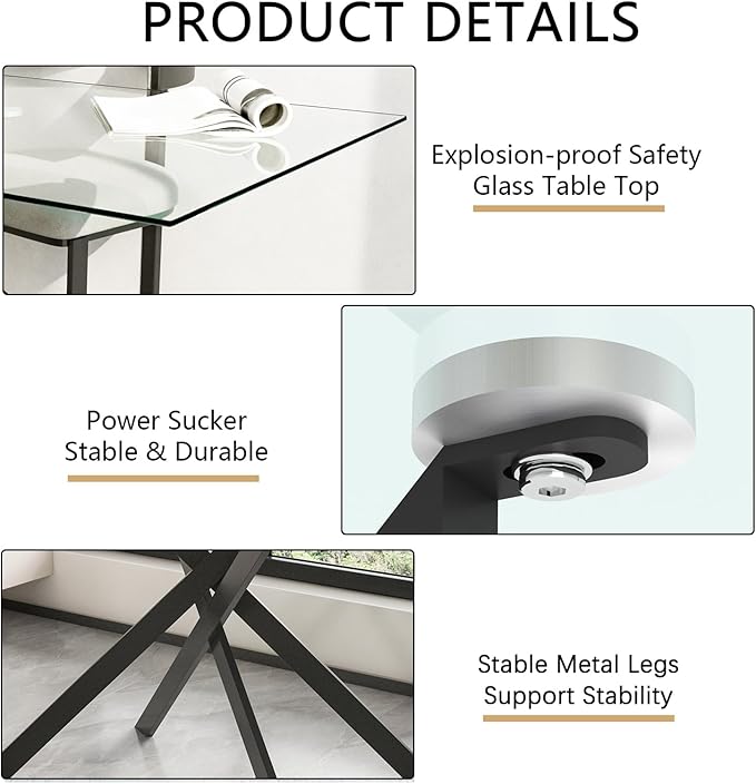 51" Rectangular Glass Dining Table Modern Kitchen Glass Top Table for 4 with Black Metal Legs, Clear Dining Table Kitchen Table for Home Office Dining Room