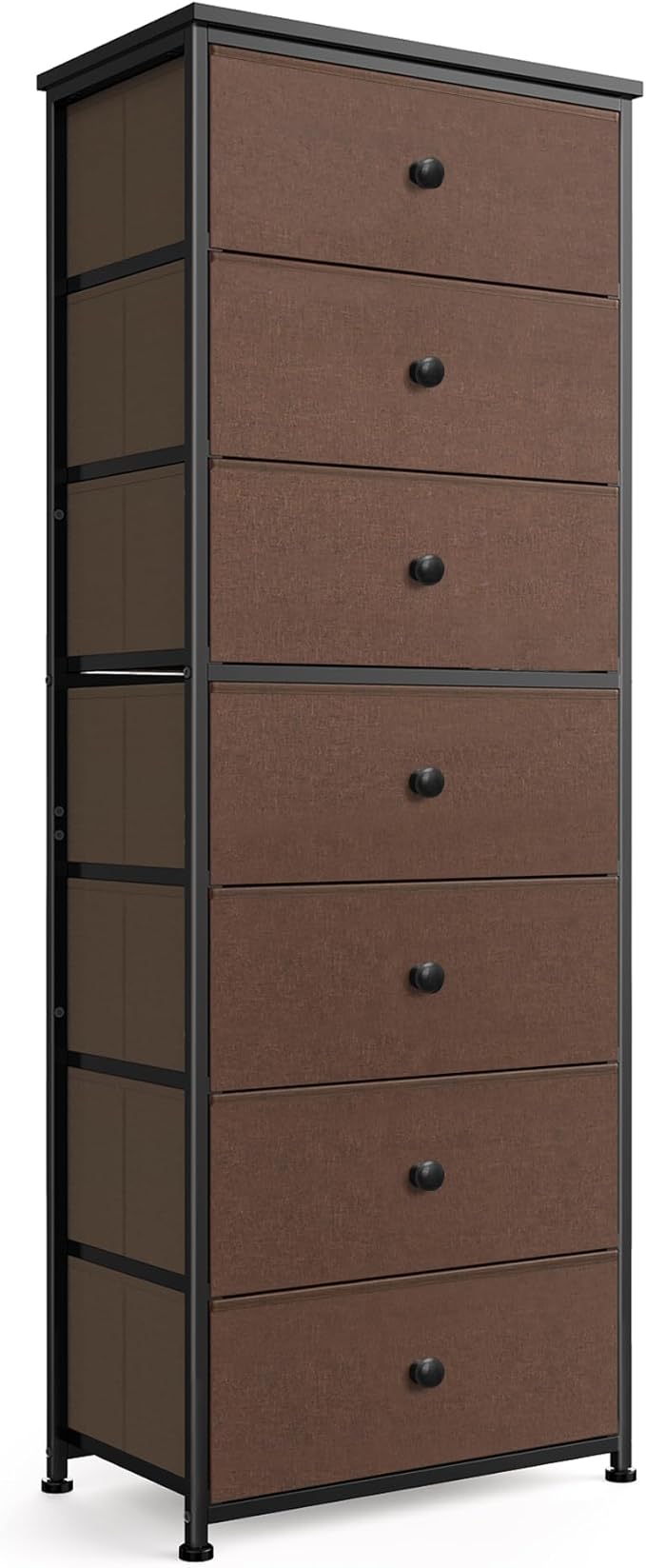 Tall Fabric Dresser for Bedroom, Vertical Storage Organizer Tower with 7 Drawers, Chest of Drawers with Bins, Steel Frame, Wood Top for Bedroom, Closet, Entryway Grey