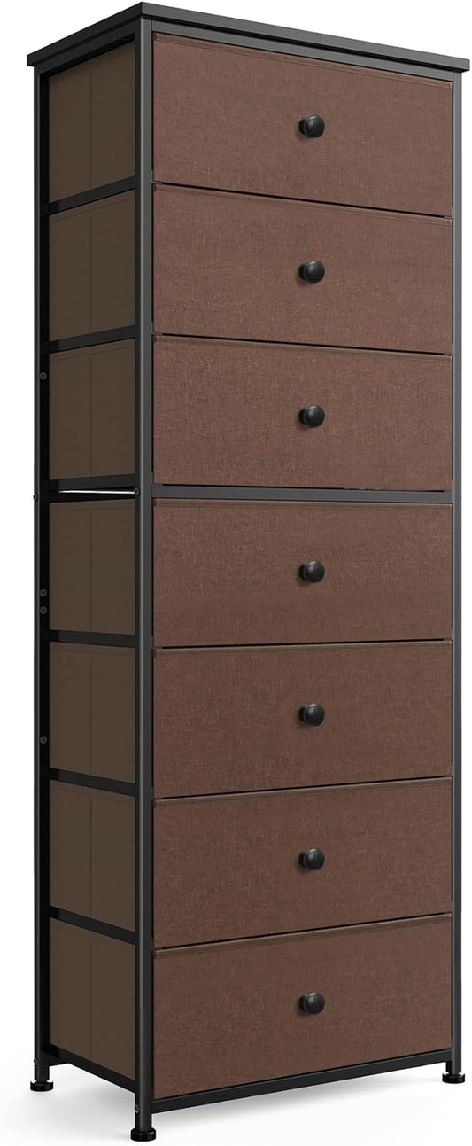 Tall Fabric Dresser for Bedroom, Vertical Storage Organizer Tower with 7 Drawers, Chest of Drawers with Bins, Steel Frame, Wood Top for Bedroom, Closet, Entryway Grey