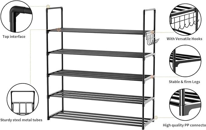Metal Shoe Organizer,5 Tiers Shoe Storage Shoe Rack with Hooks,Fit 20-25 Pairs,Adjustable Shoe Shelf for Entryway,Hallway,Bedroom,Metal Bottom Support