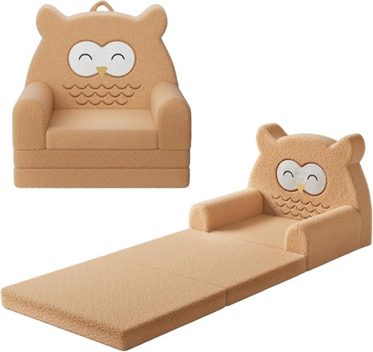 Toddler Couch, 3-Fold Convertible Kids Couch with Cute Owl Design, Fold Out Toddler Chair for 1-3 Years Old, Soft Baby Sofa Bed for Playroom, Washable Cover