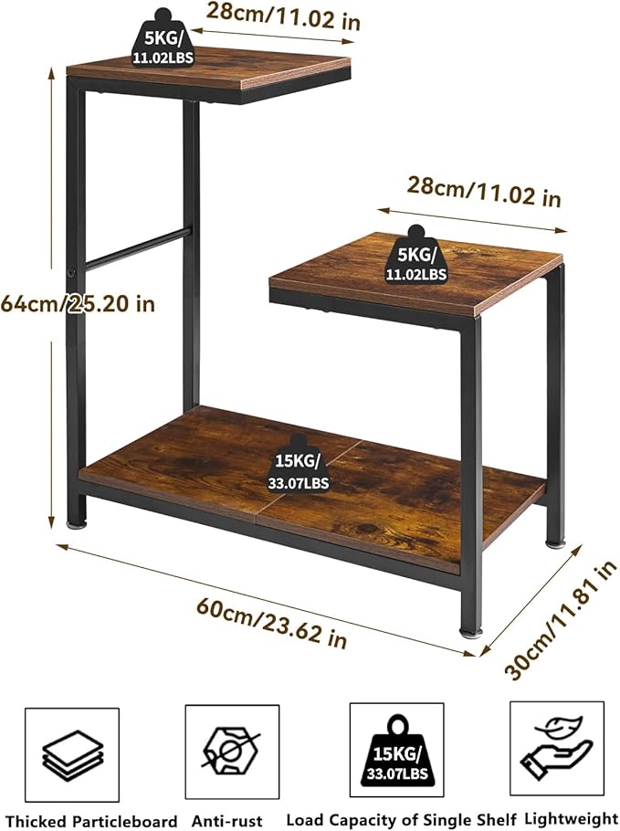G-Shaped End Table, 3 Tier Side Table with Metal Frame for Living Room Corner Tables, Balcony, Couch, Bedroom Rustic Brown YD-TM053H