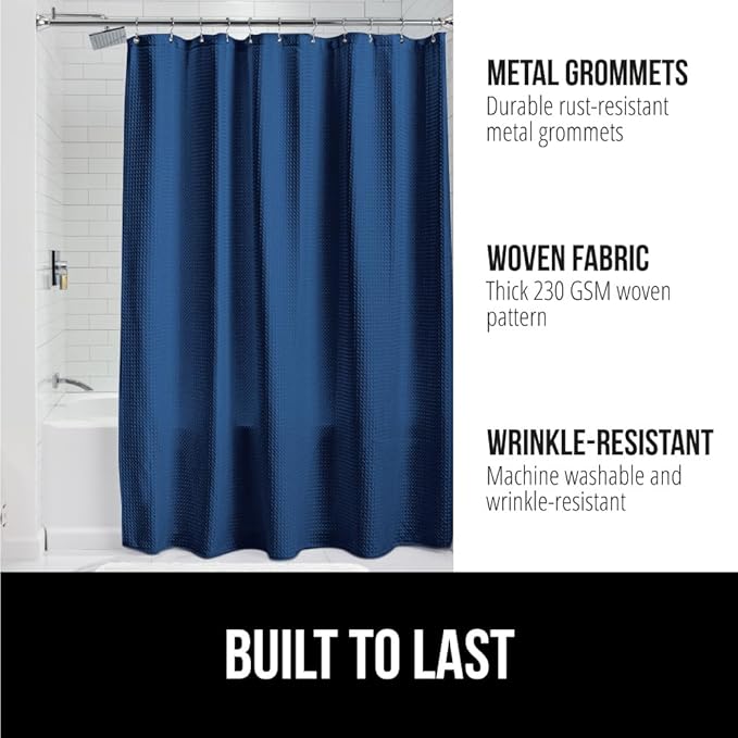 GORILLA GRIP Waffle Shower Curtain, Thick Weighted Fabric, Wrinkle and Rust Resistant, Classic Hotel Quality Design, Heavy Duty Long Curtains for Bathroom Showers, Bath Tubs, Machine Wash, 72x72, Navy