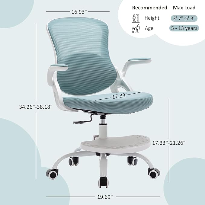 Kids Desk Chair,Ergonomic Study Chair with Adjustable Height,Swivel Mesh Desk Chair with Wheels,Home Office Chair for Children in Home Bedroom Blue