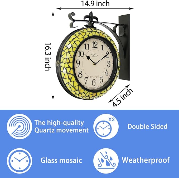 BESTIME 66298 Double Sided Wall Clock with Stained Glass.Dial: 10-Inch,Quiet,Easy Read,Retro Station,Antique Hanging Clocks for Garden,Home Decor,Indoor,Outdoor,Living Room.