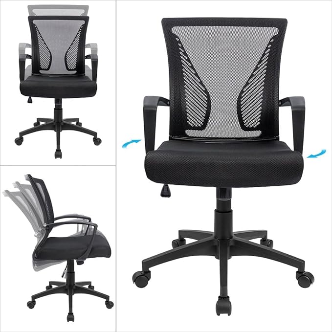 Furmax Office Chair Ergonomic Computer Desk Mesh Chair Mid Back Swivel Lumbar Support with Armrest (2, Black)