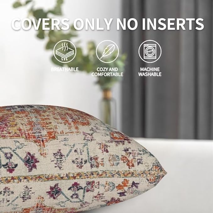 Blue Burnt Orange Boho Throw Pillow Covers 16x16 Set of 2, Farmhouse Carpet Ethnic Decorative Pillow Covers Bohemian Rustic Cushion Cases Linen Gifts for Couch Sofa Indoor Outdoor