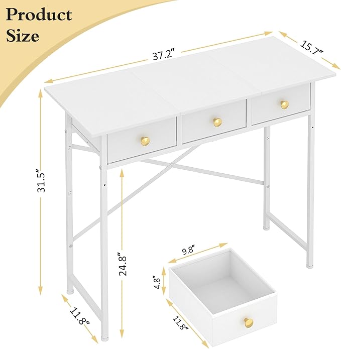 White Writing Desk with 3 Drawers for Bedroom, 37.2 Inch Small Computer Desk for Small Spaces, Simple Study Table for Kids Bedroom, Home Office, Dorm, Living Room, Vanity Make Up Desk, White