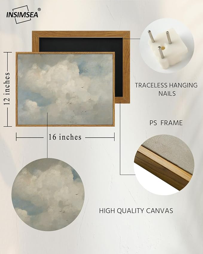 InSimSea Framed Canvas Wall Art Vintage Decor, Home Decor Classical Oil Paintings Sky Cloud Bird Canvas Prints,Retro Landscape Wall Art for Bedroom Living Room Bathroom, 12"x16"