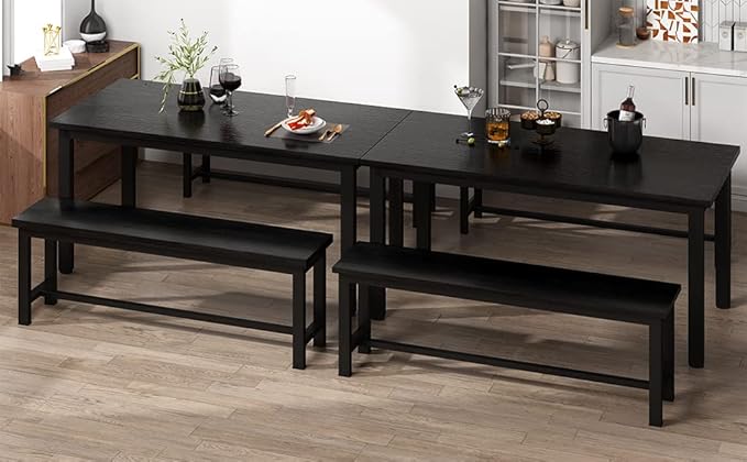 Lamerge Kitchen Table Set with 2 Benches 4 Person Dining Room Table Set for Home Kitchen, Dining Room, Restaurant, Space Saving, 47.2inch Table and 41.3inch Bench, Black