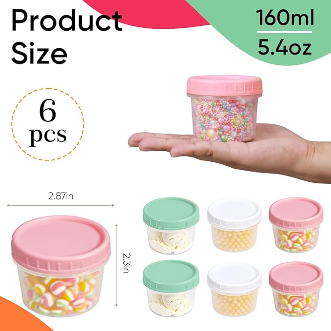 ASEVAT 5oz 6Pack Small Food Containers with Lids Salad Dressing Container Reuseable Snack Container Plastic Jar Freezer Storage Jars, Leakproof/Microwave/Dishwasher Safe