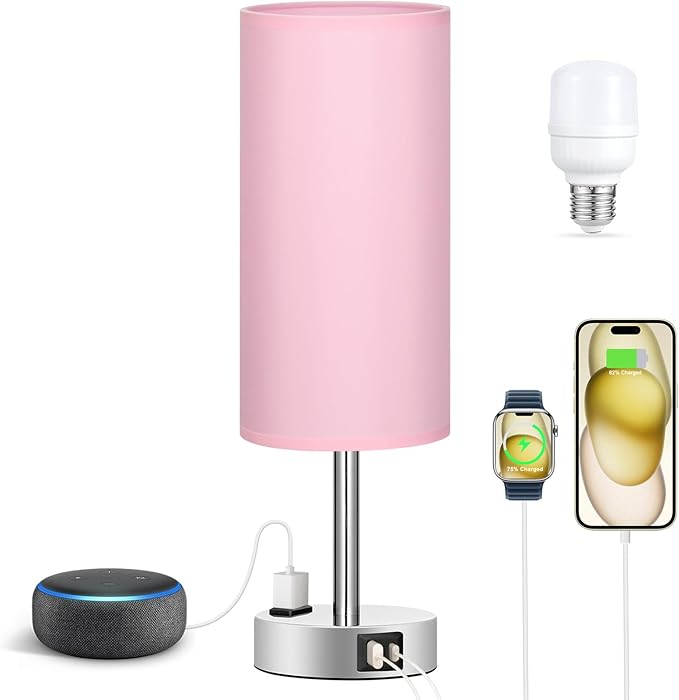 Pink Lamp for Bedroom Nightstand - 3 Way Dimmable Touch Table Lamp USB C Charging Ports, Small Lamp with AC Outlet for Desk Girls Room, LED Bulb Included