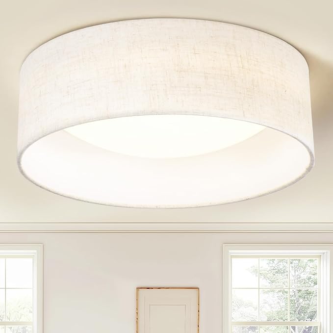 Hamilyeah LED Flush Mount Ceiling Light with Fabric Shade, 12 inch Kitchen Lighting Fixture Ceiling Mount 5CCT, Dimmable Beige Linen Ceiling Lighting Fixture 24W for Bedroom,Living Room, Kitchen