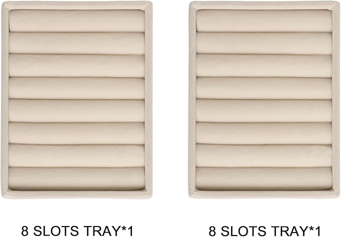 Frebeauty Small Jewelry Tray Set,Velvet Ring Organizer,Stackable Jewelry Organizer Tray,Mini Jewelry Drawer Organizer,4.92 x 3.74 x 0.9 Inches,7 Slots Ring Tray for Women(Set 2,Beige)