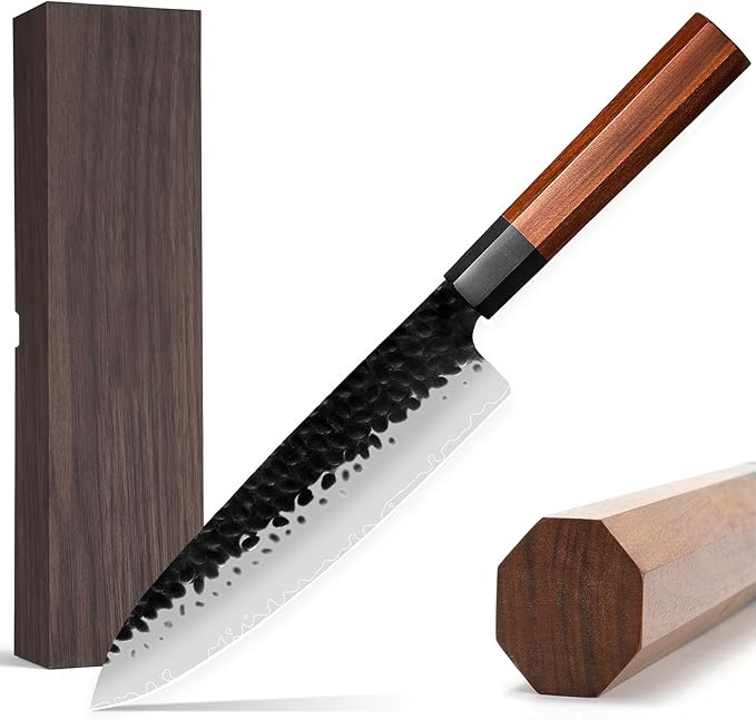 8 Inch Japanese Gyuto Chef Knife-3 Layers 9CR18MOV High Carbon Kitchen Knife, Professional Hand Forged Meat Sushi Kitchen Knife with Rosewood Handle & Gift Box
