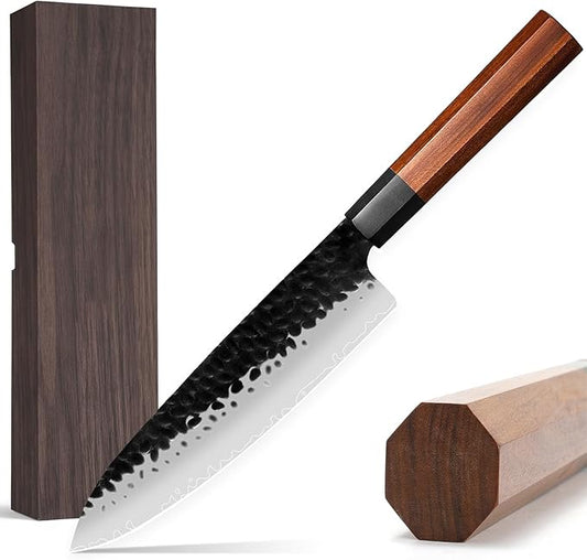 8 Inch Japanese Gyuto Chef Knife-3 Layers 9CR18MOV High Carbon Kitchen Knife, Professional Hand Forged Meat Sushi Kitchen Knife with Rosewood Handle & Gift Box