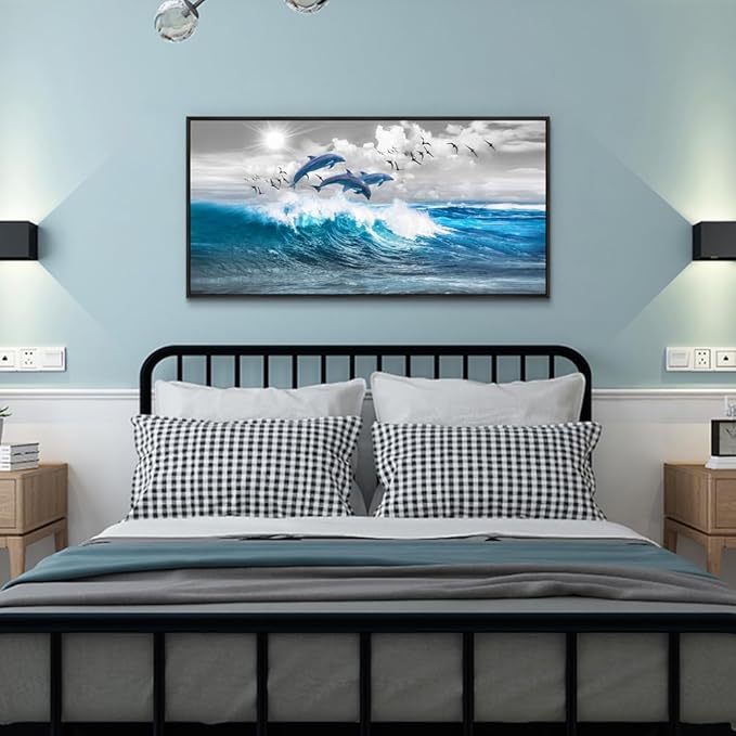 Wapluam Canvas Print Wall Art For Living Room Large Wall Decor For Bedroom Blue Waves Of The Sea Wall Pictures Artwork Modern Office Dolphins Wall Paintings Black Framed Home Decorations Poster
