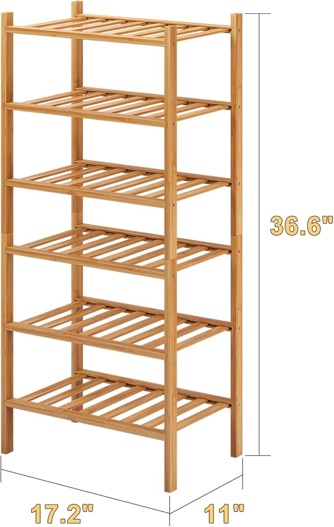 6-Tier Small Shoe Rack for Entryway, Stackable | Heavy Duty | Multi-Function, Bamboo Free Standing Shoe Racks for Bedroom Hallway Closet