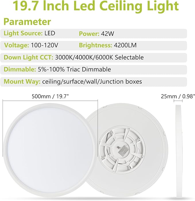 20 Inch Large Dimmable LED Flush Mount Ceiling Light - 42W 4200LM & 3CCT 3000K/4000K/6000K, Flat Round Low Profile Ceiling Fixtures for Bedroom, Kitchen,Office,White
