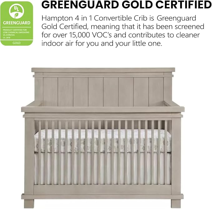 Soho Baby Hampton Premium 4-in-1 Convertible Crib, Flat-Top Headboard, Smooth Stone Wash, GreenGuard Gold Certified