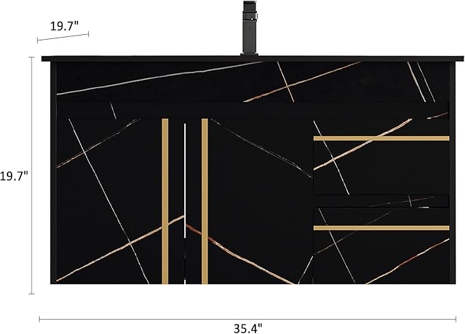 Goujxcy 35.4" Wall Mounted Bathroom Vanity with Sink, Modern Floating Bathroom Cabinet with Ceramic Sink & 2 Drawers, Wood Hanging Bath Room Cabinet with Soft-Close System (Black)