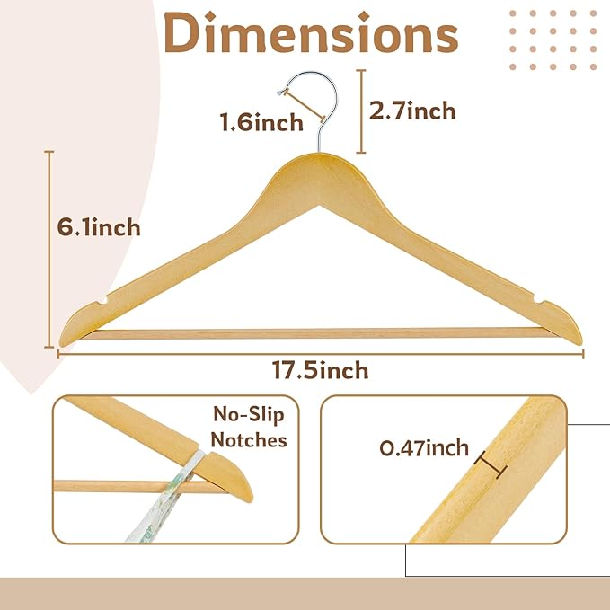 ELONG HOME Wooden Hangers, 20 Pack Wood Hangers with Extra Smooth Finish, Precisely Cut Notches and Chrome Swivel Hook, Wooden Clothes Hangers for Shirt Suit Jacket Dress