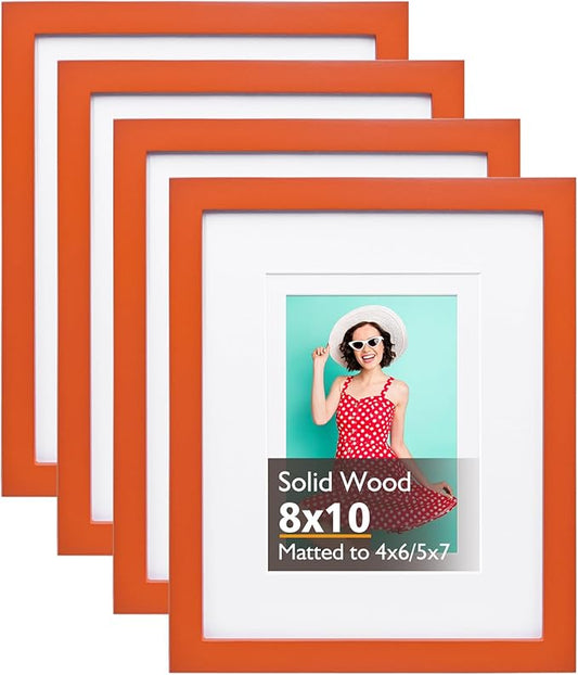KINLINK 8x10 Picture Frame Orange, Solid Wood Frames with Acrylic Plexiglass for Pictures 4x6/5x7 with Mat or 8x10 without Mat, Tabletop and Wall Display Photo Frame, Set of 4