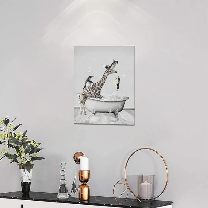 Funny Giraffe And Penguin Bathroom Wall Art - Kids Bathroom Wall Decor Animals In Bathtub Canvas Prints Artwork Paintings - Framed