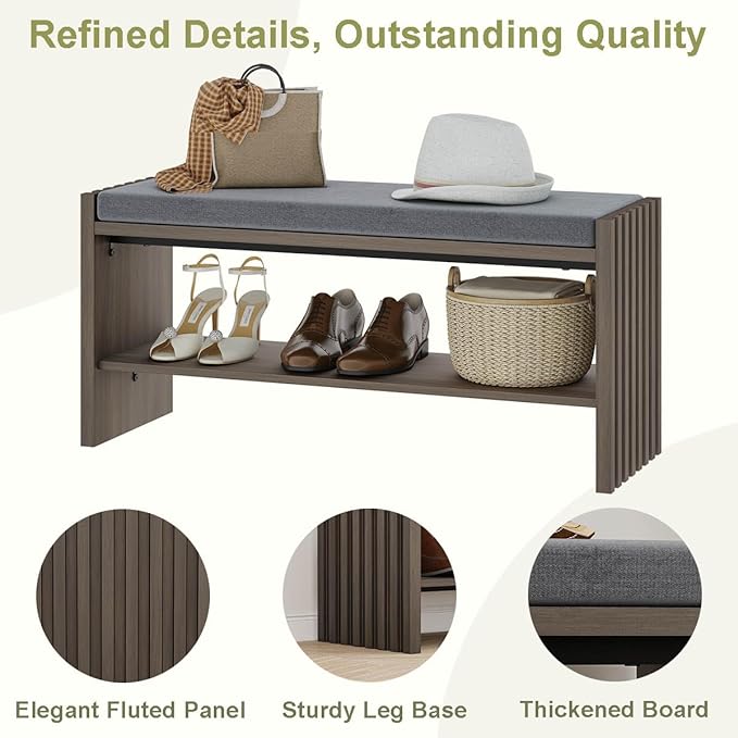 BON AUGURE Shoe Storage Bench, Entryway Bench with Cushion, Ottoman Benches for Bedroom, Living Room, Shoe Rack Seat for Hallway Entry (Greige Oak, 40 Inch Wide)