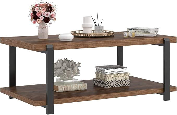 FOLUBAN Modern Coffee Table with Storage Shelf, Rustic Wood Center Table for Living Room, Walnut