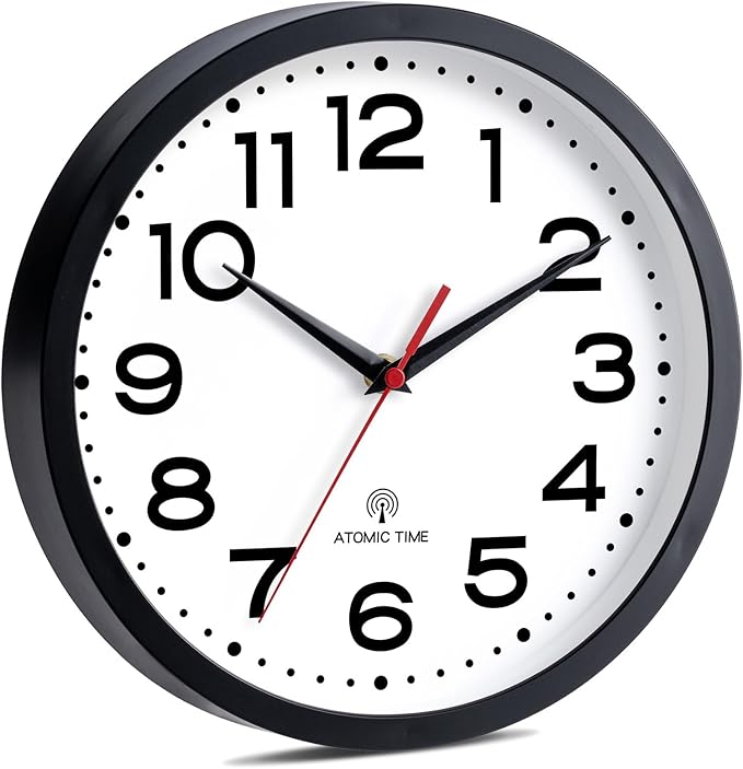 Atomic Wall Clock 12 Inch, Modern Clock Battery Operated Classic Analog Decorative for Kitchen, Living Room, Office, Bedroom, Bathroom (Black)