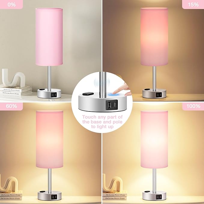 Pink Lamp for Bedroom Nightstand - 3 Way Dimmable Touch Table Lamp USB C Charging Ports, Small Lamp with AC Outlet for Desk Girls Room, LED Bulb Included
