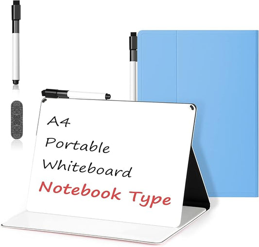 Mini Whiteboard 12"x9" Small White Board Dry Erase, Erasable Notebook Foldable Desk Whiteboard Holder Dry Erase Board, Office, Home, Travel, School, Portable (Blue)
