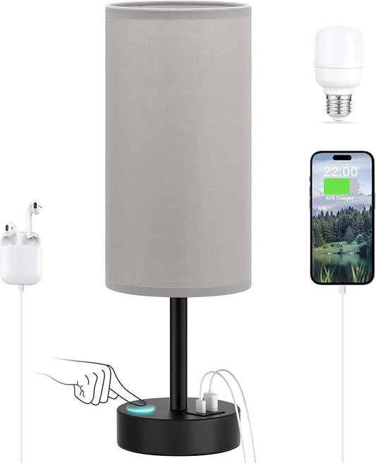 Grey Touch Bedside Lamp with USB - 3 Way Dimmable Table Lamp for Bedroom, Nightstand Lamp with Black Charging Station for Desk Dorm, Office, Boy Kids Room, Small