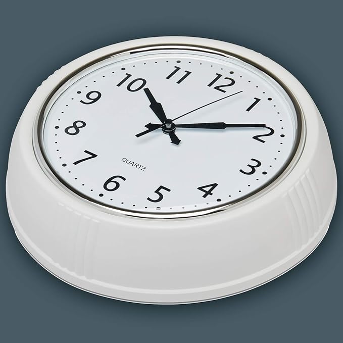 Bernhard Products Retro Wall Clock 9.5 Inch White Kitchen 50's Vintage Design Round Silent Non-Ticking Quality Quartz Clock for Home Office Nursery Bathroom Classroom Easy to Read (White)