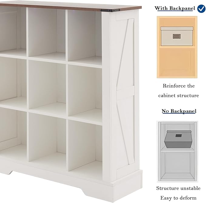 9 Cube Storage Organizer, 3 Tier Bookshelf for Living Room, Farmhouse Bookcase with Led, Kids Toy Storage Cabinet, Wall Cubby Shelves for Home Decor, Wood Display Cabinet for Bedroom, White