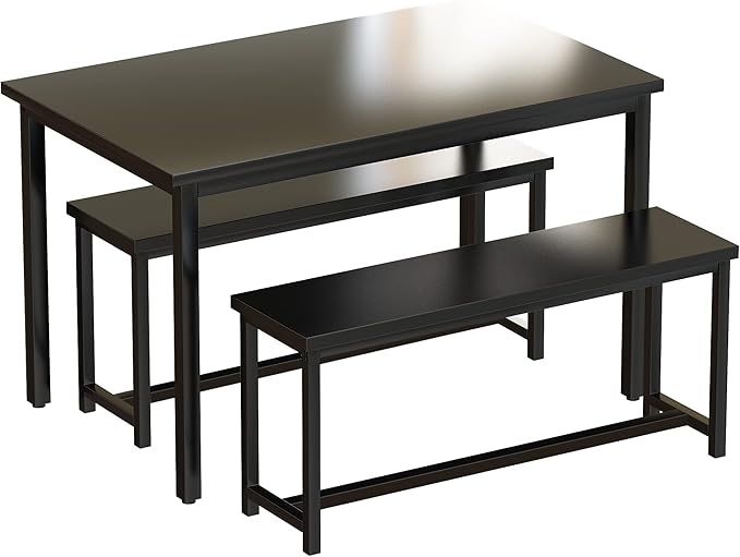 AWQM Dining Table Set for 4, Kitchen Table Set with 2 Benches, 47.2Inch 3-Piece Dining Room Table Set with Metal Frame and MDF Board, Sturdy Structure, Space-Saving, Black