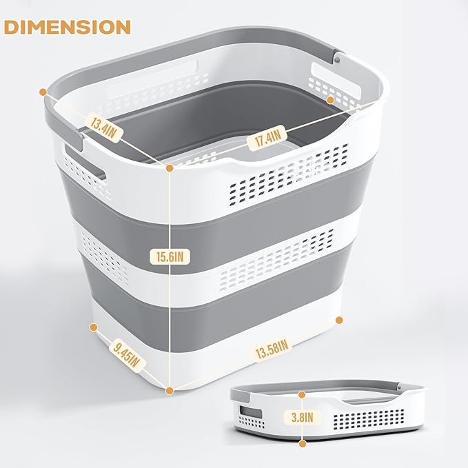 43L(11.5Gallon) Collapsible Laundry Basket with Handles, Foldable Laundry Basket Plastc,Pop Up Tall Storage Container/Organizer/Clothes Hamper for Laundry (Grey,1 Pack)