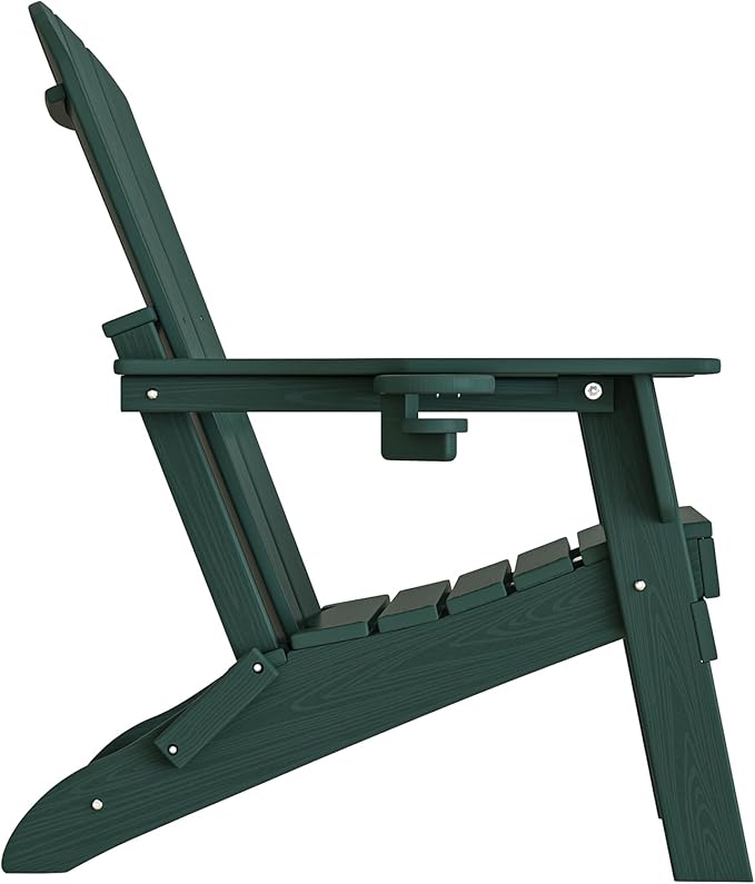 Plawdlik Folding Adirondack Chair, SGS Tested, Wooden Textured with Cup Holder, Heavy All-Weather HDPE Comfortable Set Poolside Backyard Lawn Green Set 4