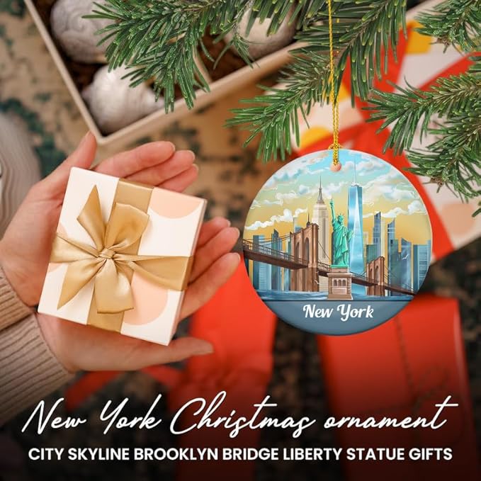 FLAGWIX New York Christmas Ornament 2025 - Ceramic Ornaments for Tree Decorations - Christmas Decortions Indoor, New York Gifts for Men Women, Statue of Liberty Ornament Gifts for Women Family Friends