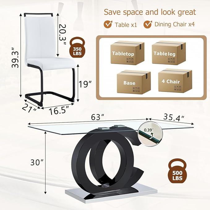 63'' Glass Dining Table Set for 4, Kitchen Table Chairs Set of 4, Clear Glass Dining Table with Black unique design Leg and Silver Metal Base, 4 PU Dining Chairs with Metal Legs, Living Room, Kitchen.